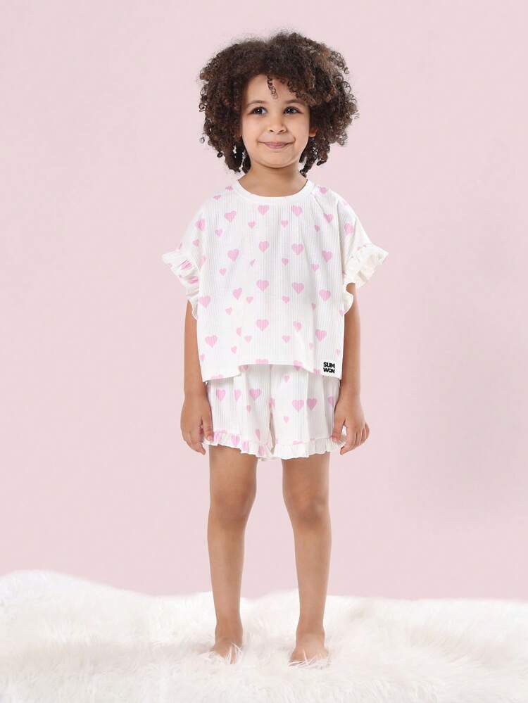 Komfortowy, dwuczęściowy komplet piżamowy z falbaniastymi rękawami w kolorze różowo-białym