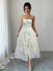 Rafferiza 女士优雅刺绣花卉印花无袖连衣裙 - 淺藍色 - 查看 3