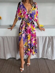 Robe de vacances sexy à col en V, manches chauve-souris, fente latérale, imprimé floral pour femmes
