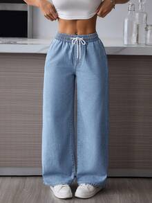 SHEIN PETITE Women's Casual Drawstring Waist Straight Leg Washed Denim Jeans - Blue - View 4
