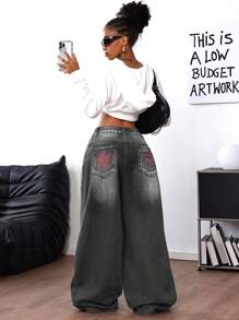 SHEIN ICON 女士休闲牛仔裤，极简主义日常穿着，宽松女士牛仔裤 - 黑色 - 查看 6