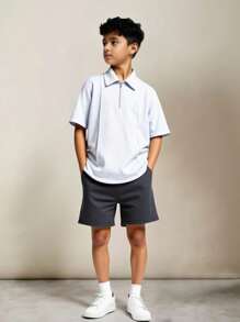 SHEIN 儿童男童休闲纯色翻领半拉链 Polo 衫，百搭，适合春、夏、秋、冬上学、花园、海滩、生日 - 白色 - 查看 4