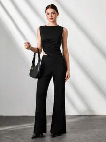 CLARA VERO Conjunto elegante de dos piezas para mujer con detalles de fruncido en color crudo