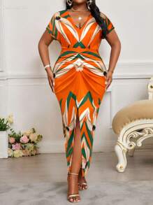 SHEIN Lady 加大码 V 领短袖简约连衣裙，时尚夏季复活节连衣裙女式复活节连衣裙商务休闲女士度假波西米亚风 - 橘色 - 查看 4