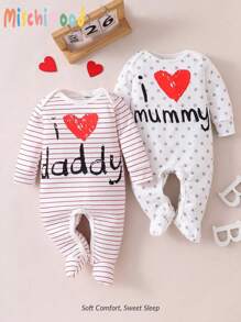 2 pièces Tenue de nuit et barboteuse à manches longues pour nouveau-nés avec imprimé minimaliste de cœur rayé et de lettre