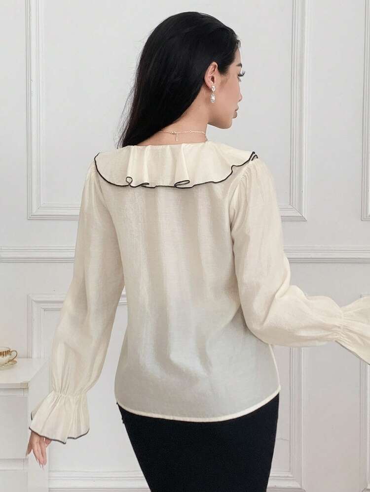 Elegant Contrast Ruffle V-Neck Women Shirt