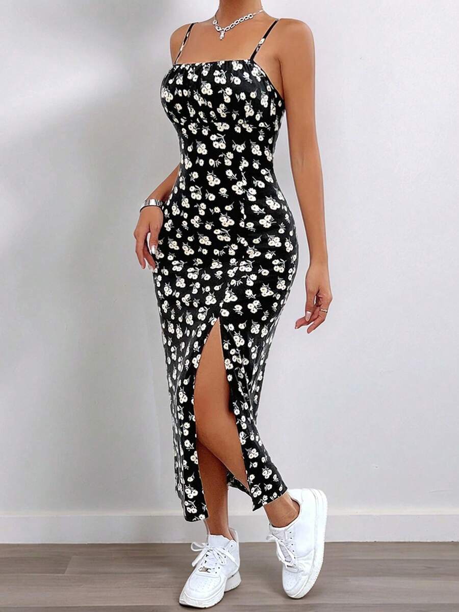 Women's Black Ditsy Floral Side Slit Adjustable Spaghetti Strap Dress - Multicolor - View 1