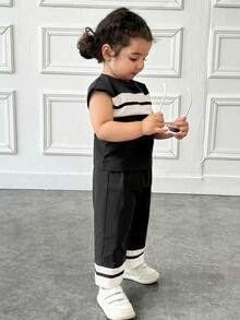 SHEIN Baby Girl Black And White Striped Summer Outfit,Casual Vacation Loose Drop Shoulder Splice Contrast Color Top And Wide Leg Knit Pant Set Clothes - Black - View 5