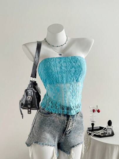 Roylia Hollow-Out Lace, Geometric Pattern, Solid Color, Fitted, Bandeau, Tube Top, Sleeveless, Backless, Semi-Sheer, Festival, Holiday, Elegant, Sexy, Romantic, Minimalist, Boho Vacation Style, Party Girl, Y2K, Spring/Summer Women Tube Top