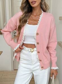 SHEIN LUNE Cardigan maglione casual da donna in colore tinta unita con inserti in pizzo, maniche lunghe