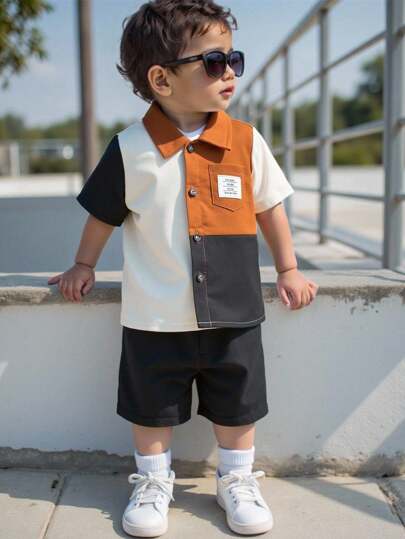 SHEIN Leap Crew 2pcs Baby Boy/Girl Summer Colorblock Polo Collar Short Sleeve Cardigan Top And Solid Elastic Waist Shorts Set, Casual School/Travel/Home Outfit