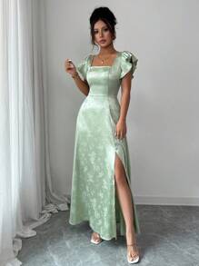 Elenzga 春夏女士方领、荷叶边袖、束腰蝴蝶结连衣裙，下摆开衩，采用闪亮的绿色纹理面料，适合休闲、工作和伴娘、舞会、毕业典礼等特殊场合；舒适、时尚、超值 - 綠色 - 查看 5