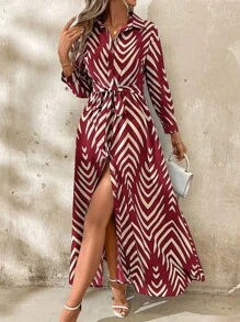 SHEIN Clasi 女式优雅衬衫领系带衬衫裙 - 酒紅色 - 查看 1