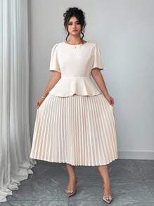 Elenzga Đầm dài tay 2 trong 1 thanh lịch màu trơn cỡ lớn cho nữ, cổ tròn đơn giản, viền xếp ly, trang phục mùa hè thanh lịch cho nữ, đầm mùa xuân, đầm trang trọng cho nữ, đầm dạ hội, đầm tốt nghiệp, dự tiệc cưới - Rượu sâm banh - Xem 4