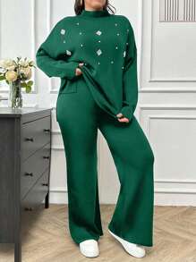 SHEIN Cottnline Women's Pearl Beaded Knit Sweater 2pcs/Set - Green - View 4