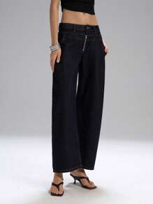 LYSMO 女士休闲前拉链宽松阔腿牛仔裤 - 藏蓝色 - 查看 5