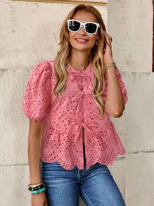 Solivie 女士系带泡泡袖刺绣优雅度假衬衫，情人节款 - 粉色 - 查看 3