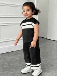 SHEIN Baby Girl Black And White Striped Summer Outfit,Casual Vacation Loose Drop Shoulder Splice Contrast Color Top And Wide Leg Knit Pant Set Clothes - Black - View 7