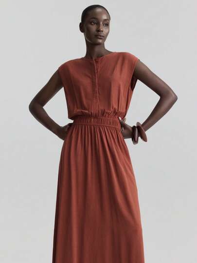 Ontre 2025 New Arrival, Brown-Orange, Half-Placket, Sleeveless, Comfortable Casual Style, Linen Blend, Round Neck, Loose Fit, Flared Midi Dress, Waist Cinched Design, Women's Mid-Length Dress, Versatile For All Seasons, Suitable For Daily Wear, Beach/Holiday Outfit, Boho Chic, Summer Vacation, Indie Vibe, Western Countryside Festival, Premium Fabric, Comfortable