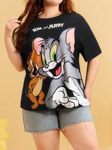 TOM & JERRY X SHEIN Plus Size  Summer  Y2K Cleanfit Casual Rave Outfits Festival  Punk Cover Up  Retro Vintage Cartoon Casual Cute Funny Black Cat Print Crew Neck Short Sleeve T-Shirt, Casual For Summer