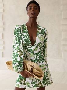 Aveloria Modichic Elegant Vacation Single-Breasted Decorative Bamboo Node Linen White Floral Print Blue Long Sleeve Deep V-Neck Fitted Short Dress For Women - Green - View 2