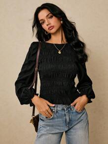 Poéselle 女式纯色圆领休闲百搭长袖上衣 - 黑色 - 查看 7