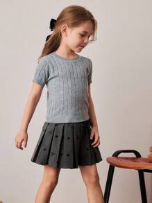 PrepCrw Young Girls' College Style Twist Flower Knitted Bear Graphic Short Sleeve Pullover Sweater