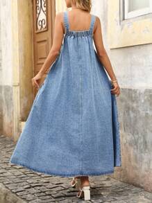 Vestido jumper oversize de mezclilla para mujer con bolsillos grandes - Azul lavado medio - Ver 2