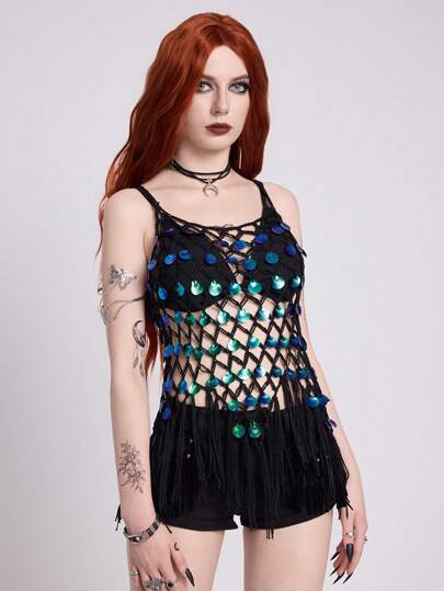 EDITION Summer Beach Gothic Style Shell Rhinestone Hollow Out Lightweight Cardigan Tank Top For Women