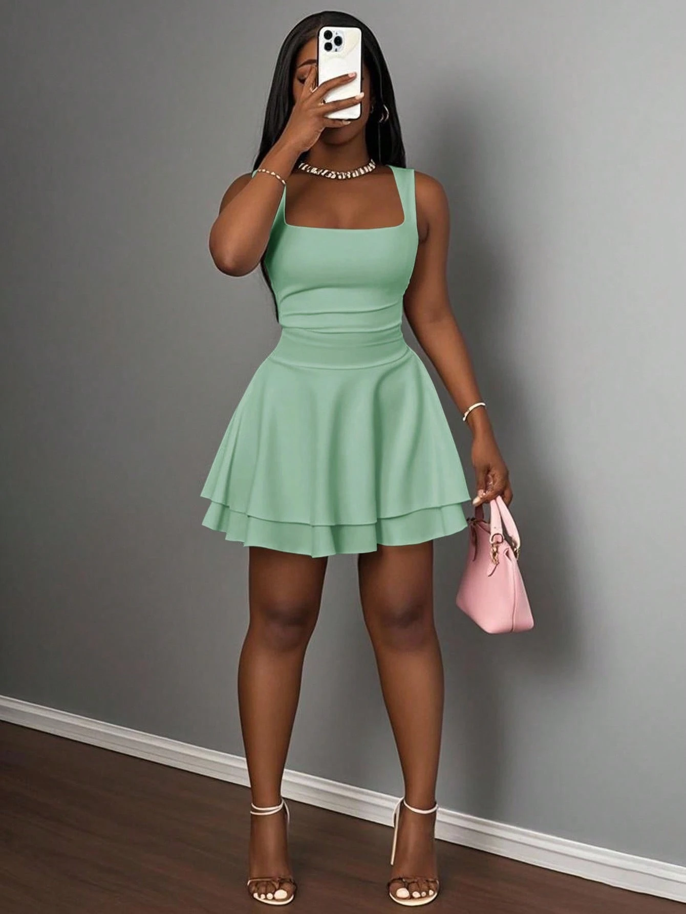Slaydiva Summer Casual Basic Sports Sweet Square Neck Ruched Layered A Line