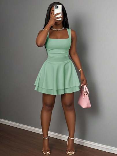 Slaydiva Summer Casual Basic Sports Sweet Square Neck Ruched Layered A-Line Short Dress For Women Mint Green Dress Women Short Green Dress Summer Dress Cute Dress Solid Color Dress