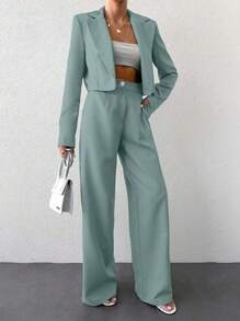 SHEIN Conjunto de chaqueta corta y pantalón de largo completo de unicolor para mujer