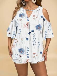 Travachic Áo sơ mi cổ khoét lỗ họa tiết hoa màu xanh và trắng phong cách ngày lễ, mặc thường ngày, phù hợp với mọi kích cỡ, hở vai, cỡ lớn, kỳ nghỉ hè - Nhiều màu - Xem 5