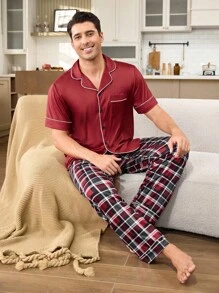 2pcs Casual Plaid Print Matching Couple Homewear Set - Burgundy - View 4
