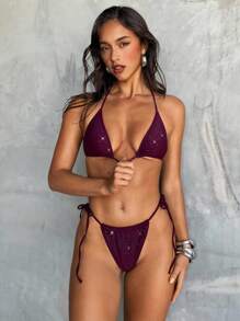 Aloruh Women's Wine Red Rhinestone Embellished Bikini Bottoms,Summer 70s Retro Elegant Tie Swimwear Bottoms For Beach,Party,Holiday Burgundy,Holiday - Burgundy - View 3
