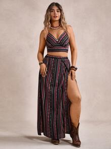 Freevana Plus Size Vacation Camisole & Elastic Waist High Slit Skirt 2pcs Set,Holiday Outfits Boho
