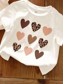 SHEIN 3 件套可爱“Mama's Girl”字母豹纹爱心印花奶油色配色年轻女孩休闲简约圆领短袖基本款 T 恤适合春夏季日常穿着居家外出农场返校 - 彩色 - 查看 3