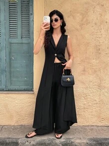 Breezaya Women Two Pieces Set: Solid Mottled Lapel Single-Button Vest & Loose Wide Leg Pants