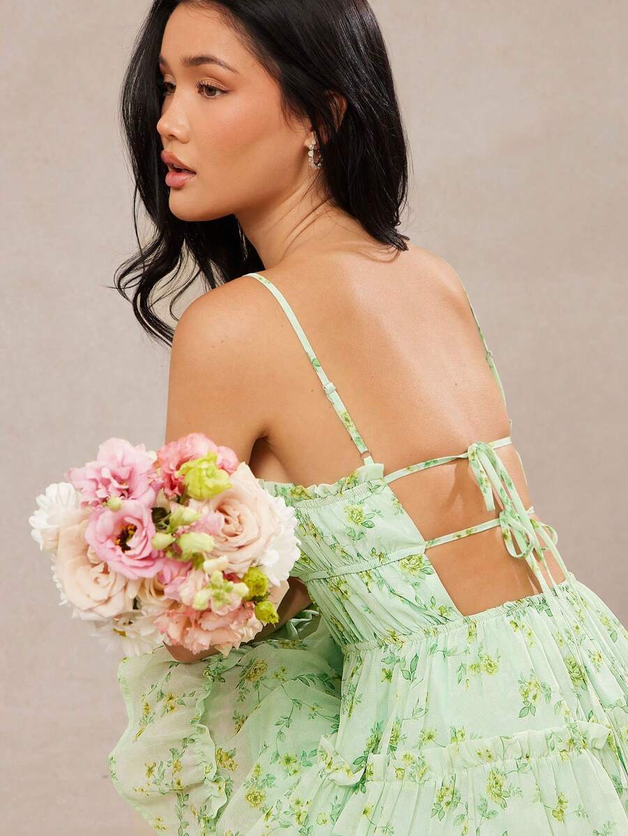 L'Amorae 碎花印花荷叶边层叠下摆细节春夏连衣裙 - 綠色 - 查看 1