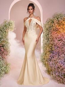 Glamrae Elegante y lujoso vestido de sirena de punto de elastano con destellos de rhinestone, apropiado para bodas, fiestas, vacaciones, bailes de graduación y eventos de noche (con adornos pesados)