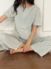 DAZY 女士休闲条纹睡衣套装、家居服 - 卡其色 - 查看 5