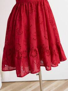 SHEIN Clasi Vestido mini elegante y dulce de estilo francés con cuello cuadrado, mangas abullonadas, volantes calados, tela similar al lino, cintura ajustada y silueta favorecedora, perfecto para vacaciones de verano de moda - Rojo - Ver 4