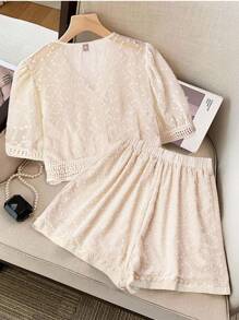 Flirla Plus Size 2pcs Set - Minimalist Short Sleeve Top And Shorts - Apricot - View 2