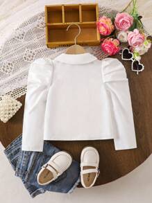 SHEIN 年轻女孩可爱学院风百搭休闲白色公主袖彼得潘领翻领衬衫，背面上衣学校 - 白色 - 查看 4