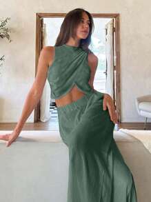 Cloudara Conjunto de top corto drapeado de cuello redondo y Bottom a juego, un estilo sencillo y elegante - verde menta - Ver 6