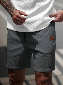 Manfinity CasualCool 男士夏季提花纹理抽绳短裤，罗纹领口和皮革贴片，送给男朋友或丈夫的贴心礼物 男士短裤 灰色短裤 设计师短裤 男士 男士街头潮流短裤 纹理短裤 男士