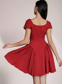 Modelyn Vestido corto casual de mujer con cuello en V y mangas raglán rojas, vestido de graduación de verano - Burdeos - Ver 5