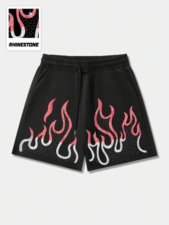 Street Life Pantaloncini casual da uomo con stampa a fiamma e decorati con strass, estivi