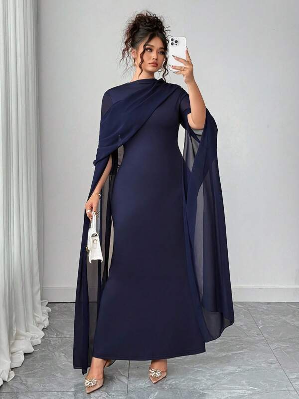 Elenzga Elegantes langes Chiffonkleid mit schlanker Taille in Große Größen, marineblau