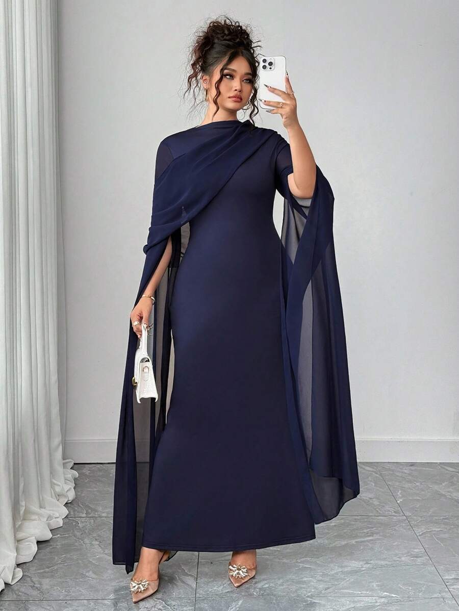 Elenzga 大码修腰优雅长款雪纺长袍连衣裙，海军蓝 - 藏蓝色 - 查看 1